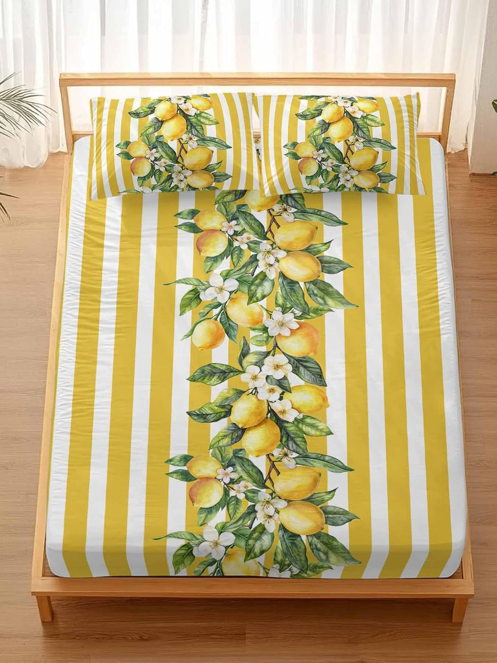 Yellow Lemon Stripes Full Sheet Set Deep Pocket Fitted Sheet Sets Soft Breathable Floral Fruit Leaves Sheet & Pillowcase Sets 3 Pieces Bed Sheets with Elastic Band Fits Mattress