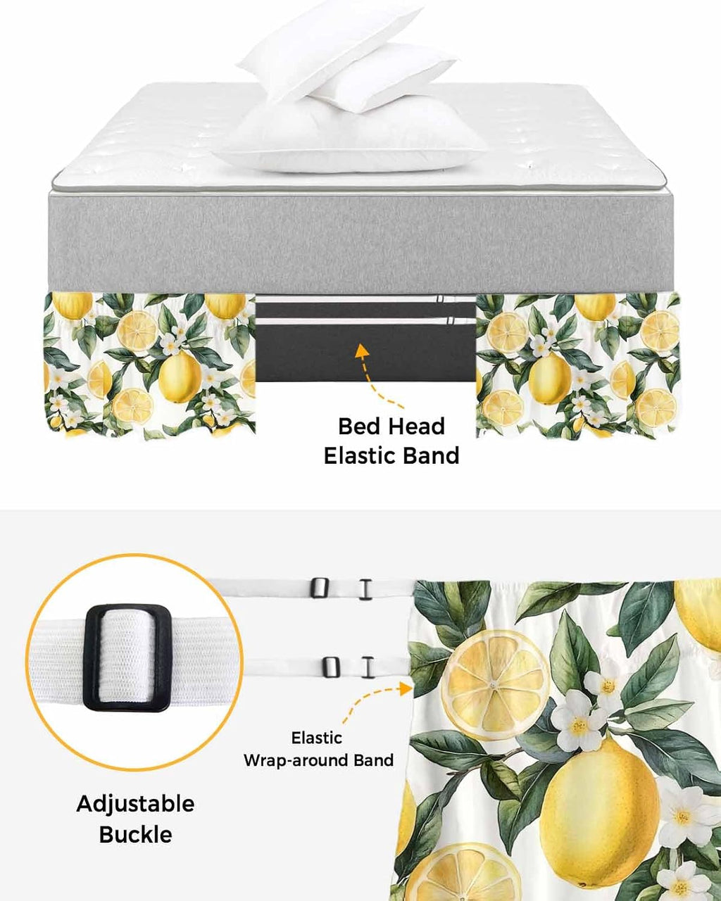 Yellow Lemon Bed Skirt Queen Size 16 Inch Drop, Adjustable Elastic Wrap Around Bed Skirts Easy Fitting Dust Ruffle Bedskirt Bed Frame Cover Country Fruit Floral Watercolor Green White