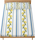 3 Pieces Twin XL Fitted Sheet Set, Summer Lemon Leaves Deep Pocket Up to 16", Blue Yellow Striped Soft Elastic Bed Sheets and Pillow Cases Secure Fit