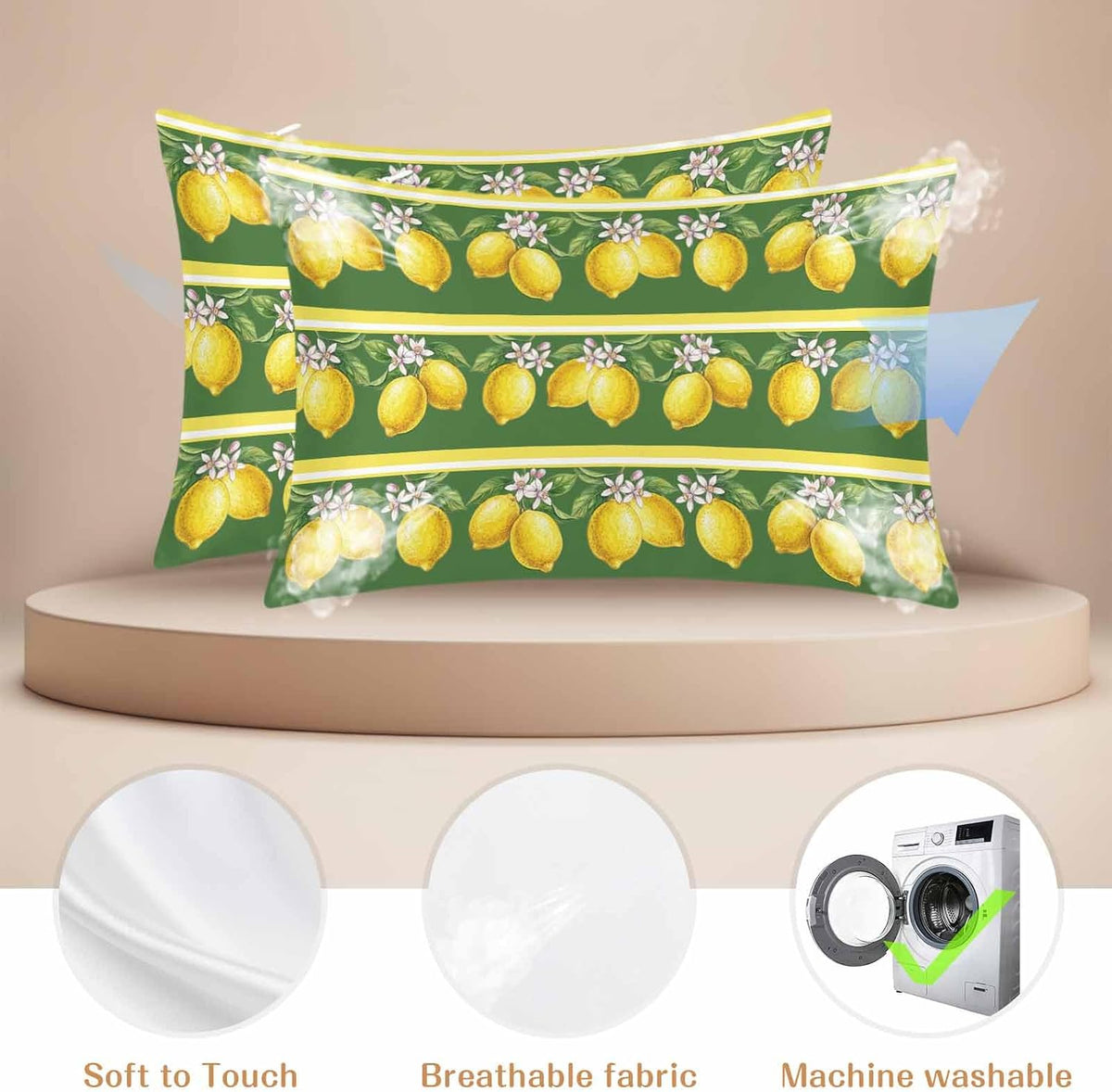 Lemon Summer Pillow Cases Standard Size Set of 2, Watercolor Fruits Green Yellow Stripes Satin Pillowcase with Zipper for Hair/Skin, Decorative Pillow Covers for Bed/Couch/Sofa, 20x26 Inches