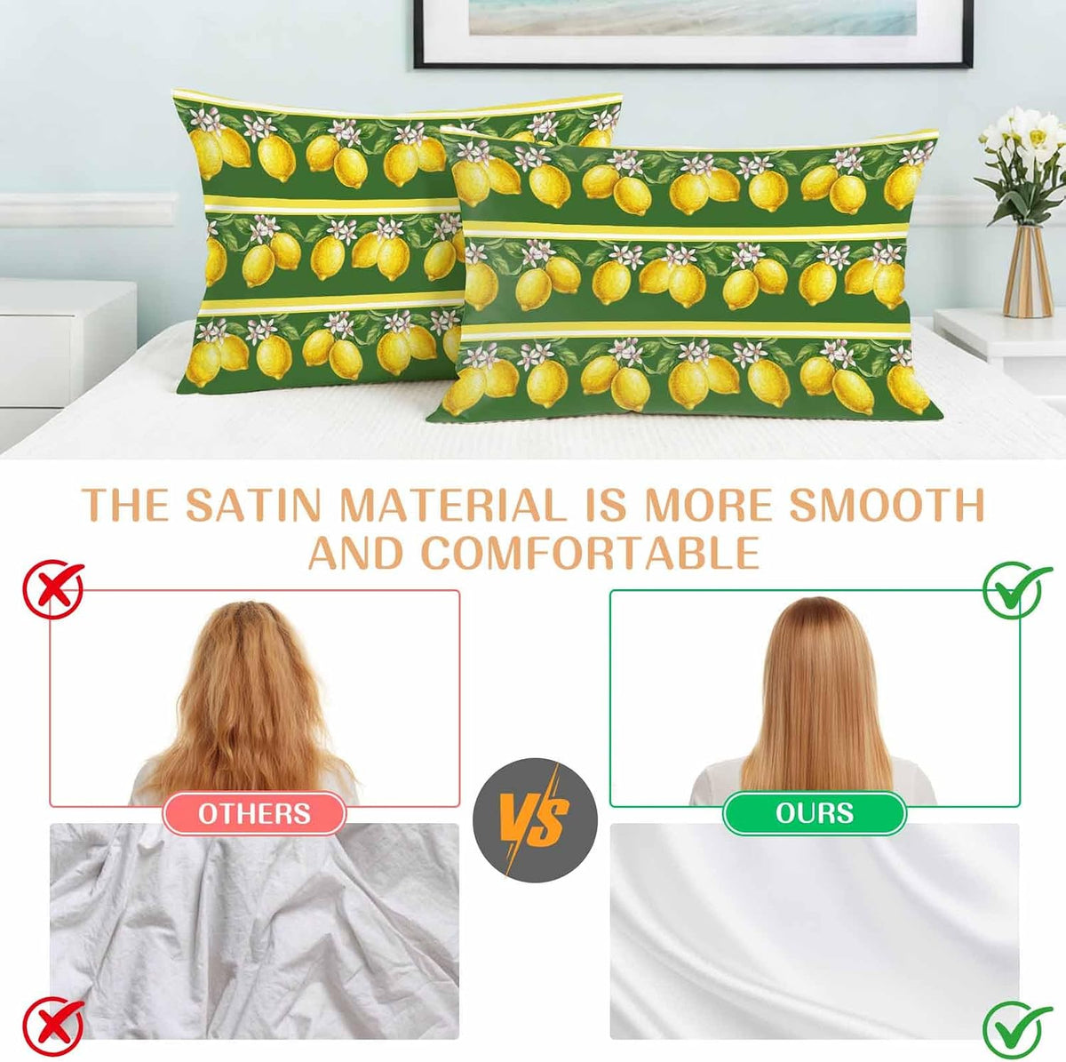 Lemon Summer Pillow Cases Standard Size Set of 2, Watercolor Fruits Green Yellow Stripes Satin Pillowcase with Zipper for Hair/Skin, Decorative Pillow Covers for Bed/Couch/Sofa, 20x26 Inches
