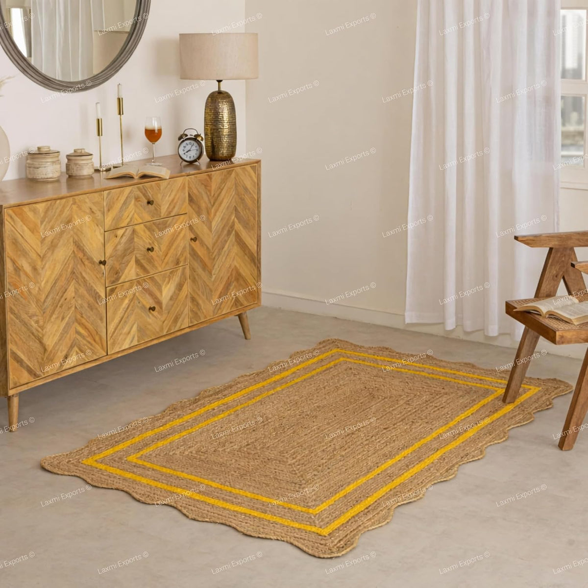 Natural Jute Wave Scalloped Area Rug 2x12 Ft - Yellow Runner Stripe Rugs for Home & Kitchen, Handmade Carpet, Natural Jute Hallway Large Rectangular Area Rug