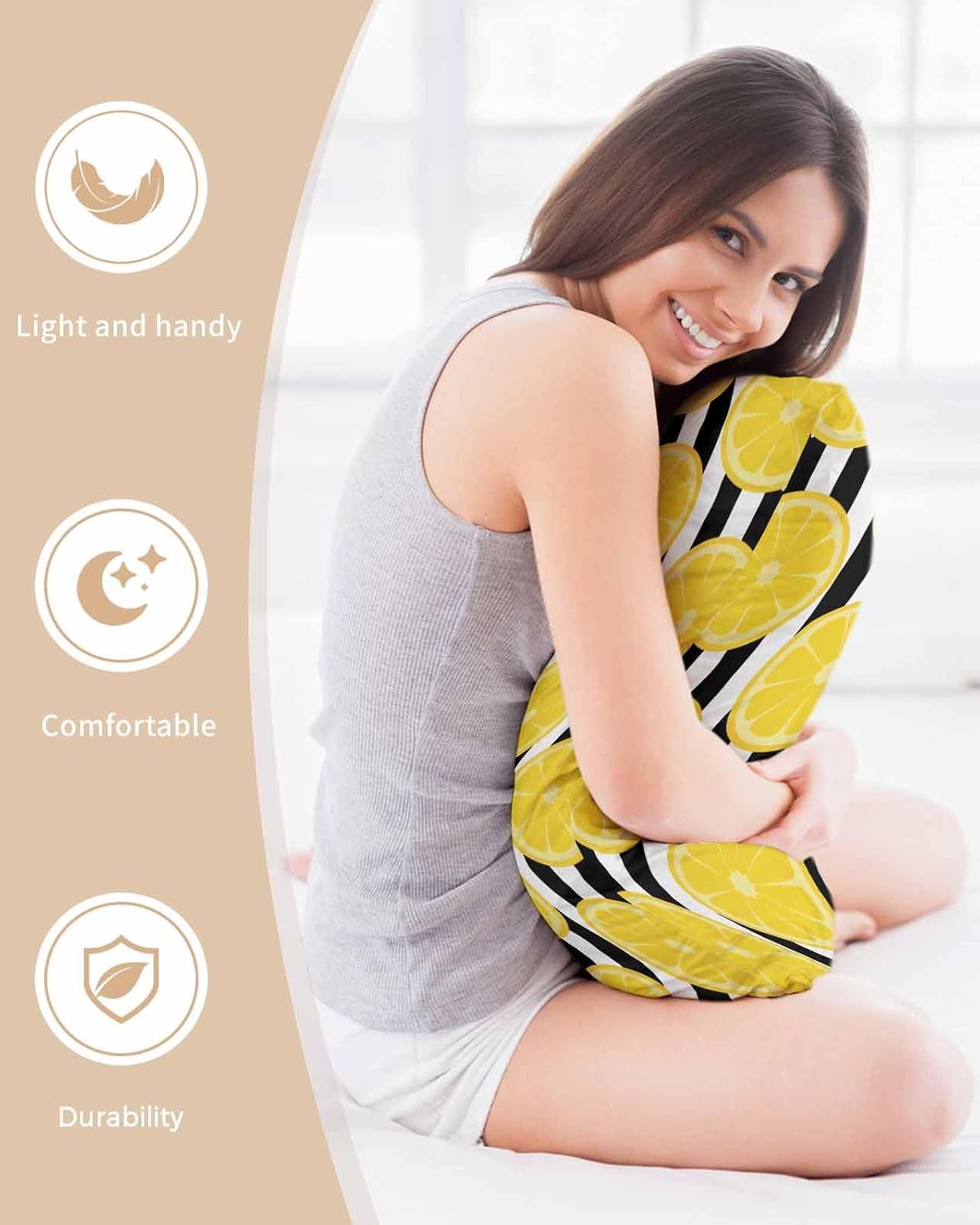 Yellow Lemon Pillow Cases Standard Size Set of 2, Satin Pillowcase for Hair and Skin, Summer Botanical Fruits Black White Stripes Throw Pillow Covers Cooling Pillow Protector with Zipper 20"x26"x2