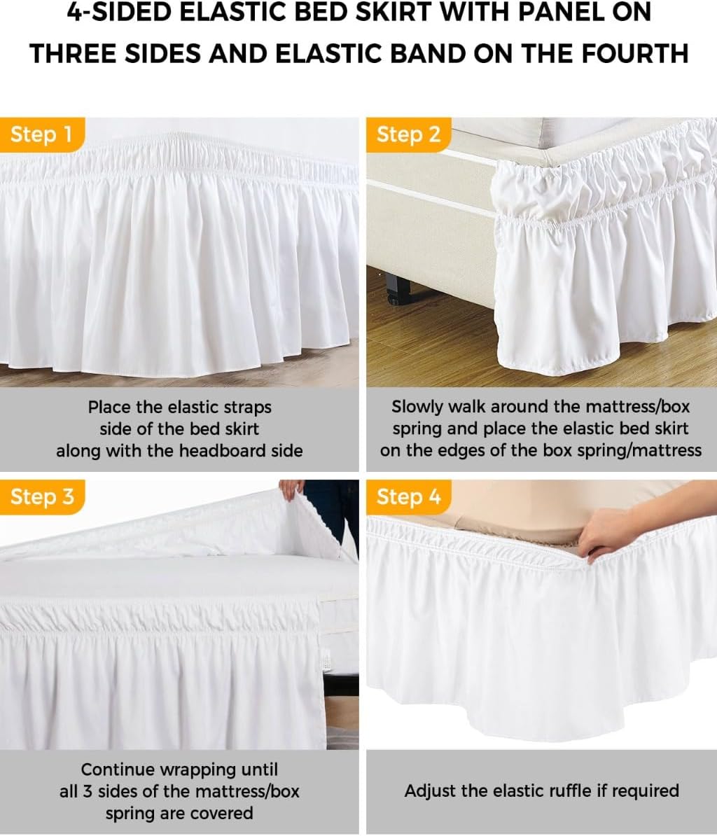Yellow Lemon Bed Skirt Queen Size 16 Inch Drop, Adjustable Elastic Wrap Around Bed Skirts Easy Fitting Dust Ruffle Bedskirt Bed Frame Cover Floral Fruit Spring Summer Watercolor Green