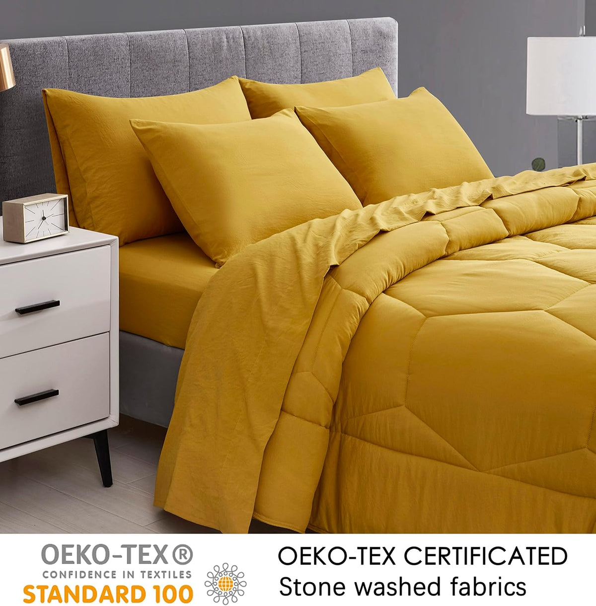 Piper Full Bed in a Bag 7-Pieces Honeycomb Hexagon Quilted Soft Washed Double Brushed Microfiber Comforter with Sheets Lightweight All Season Bedding Set (Full, Mustard Yellow)