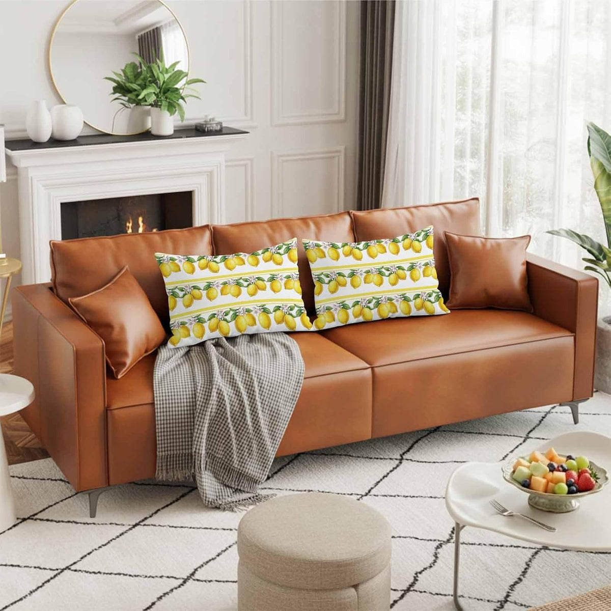 Lemon Summer Pillow Cases Standard Size Set of 2 - Microfiber Bed Throw Pillow Covers, Watercolor Fruits Yellow Stripes Decorative Lumbar Pillow Cover with Envelope Closure for Sofa/Travel 20"x26"