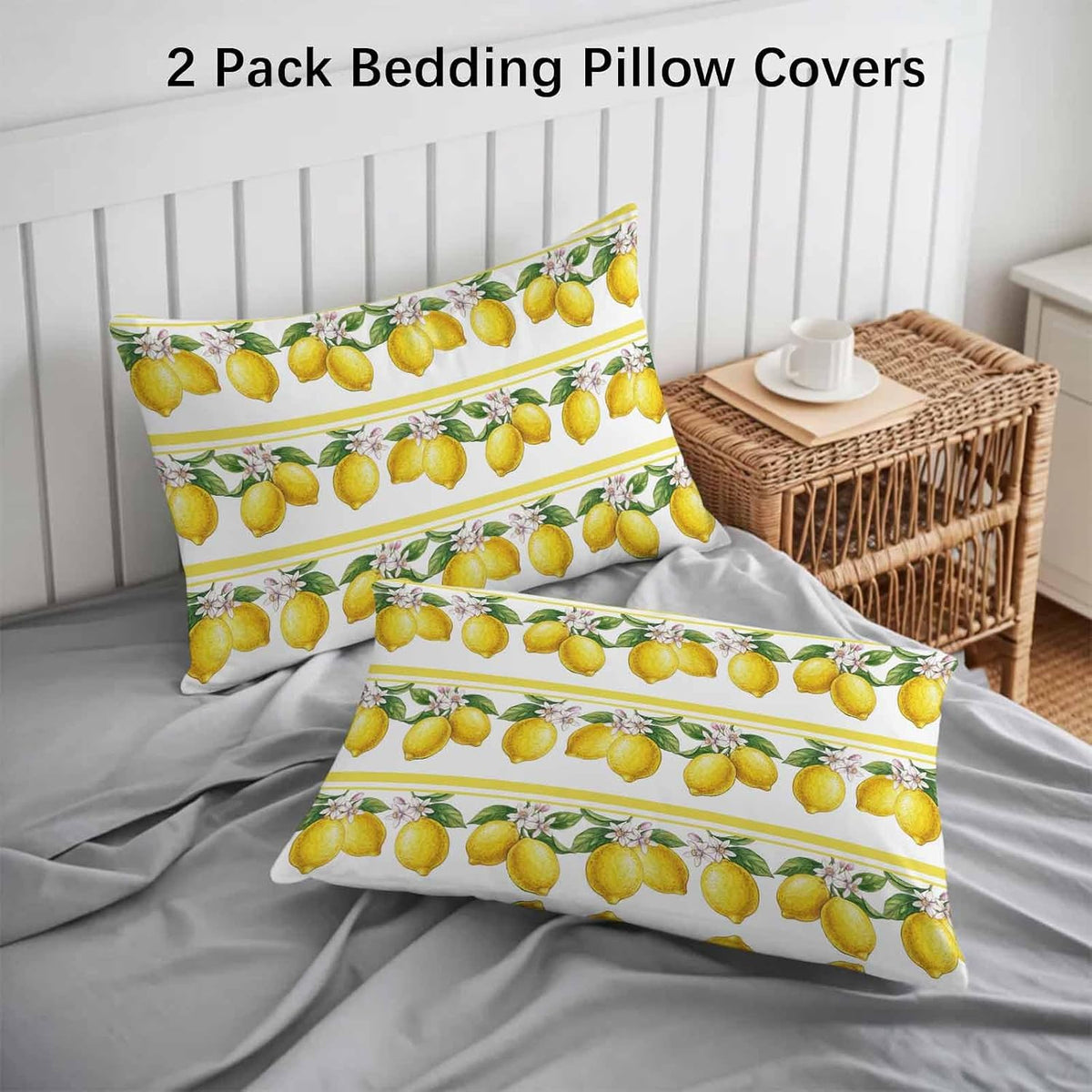 Lemon Summer Pillow Cases Standard Size Set of 2 - Microfiber Bed Throw Pillow Covers, Watercolor Fruits Yellow Stripes Decorative Lumbar Pillow Cover with Envelope Closure for Sofa/Travel 20"x26"