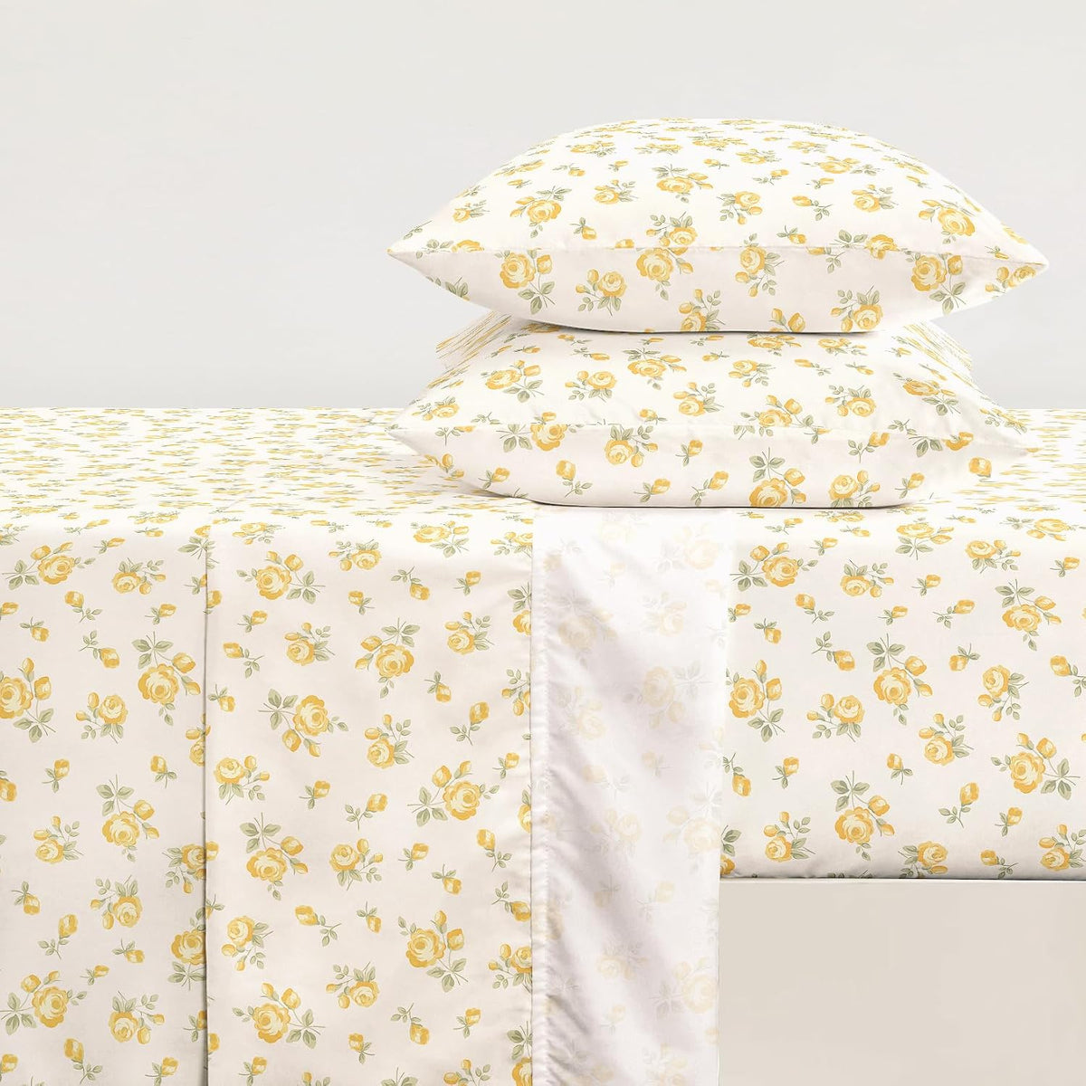 Floral Bed Sheets, 4-Piece Sheet Set, Shabby Chic Flower Rose Pattern Printed Coquette Cottagecore Vintage Aesthetic Bedding, Deep Pocket, Light Yellow, Queen Size