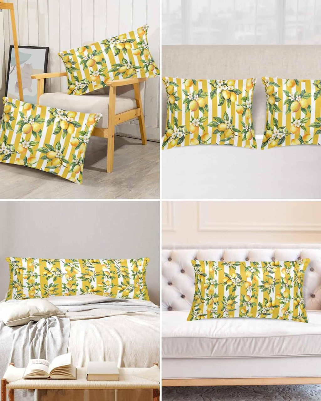 Satin Pillowcase for Hair and Skin Standard Size 2 Pack Floral Lemon Satin Pillow Case Soft Breathable Cooling Silk Fruit Leaves Yellow Stripes Pillowcases with Hidden Zipper Throw Pillow Covers 20x26