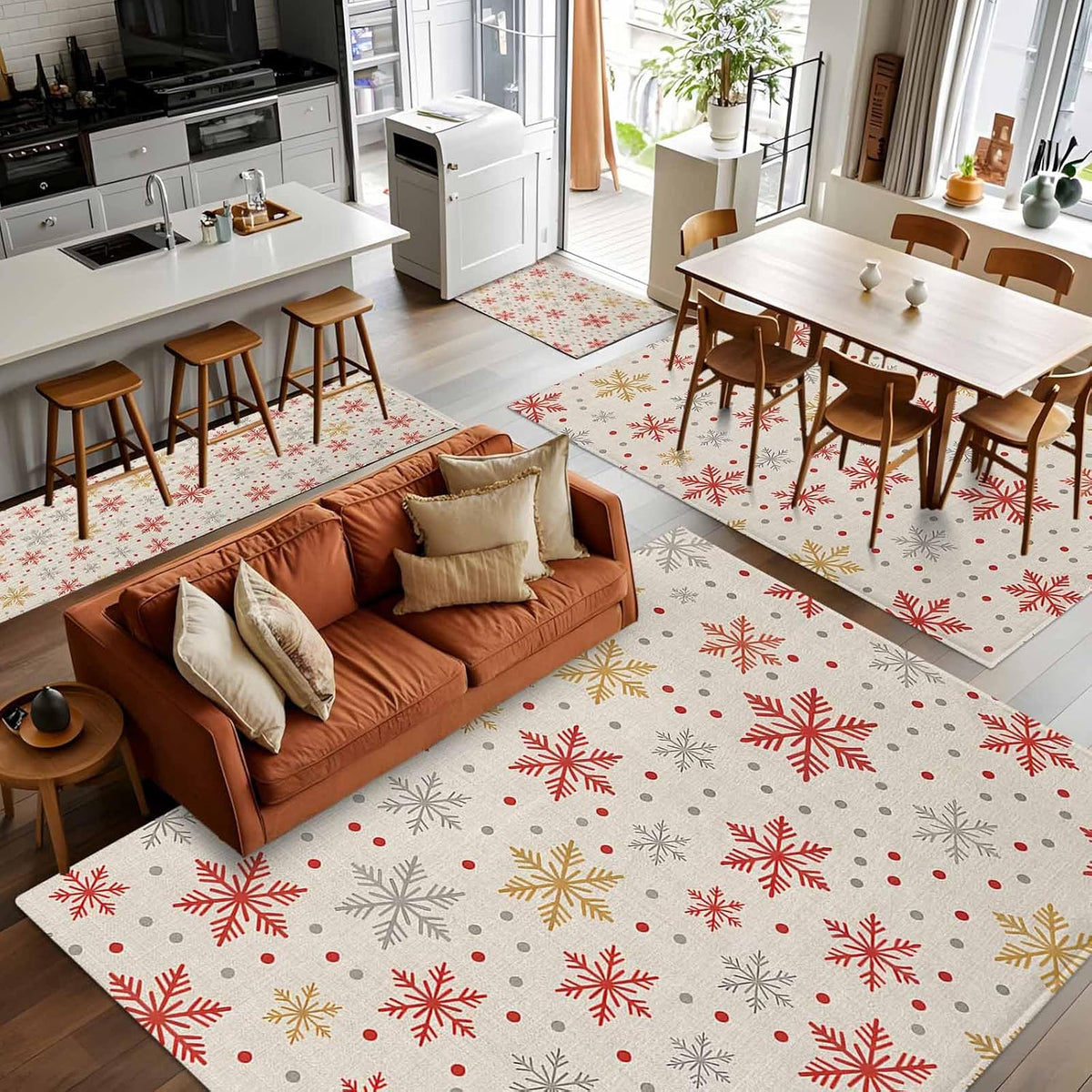 2.7x5 Area Rugs, Winter Snowflakes Non Slip Area Rugs for Living Room, Bedroom, Barhroom, Entryway, Red Yellow Christmas Snowflakes Beige Soft Kitchen Bath Mats Washable Carpet