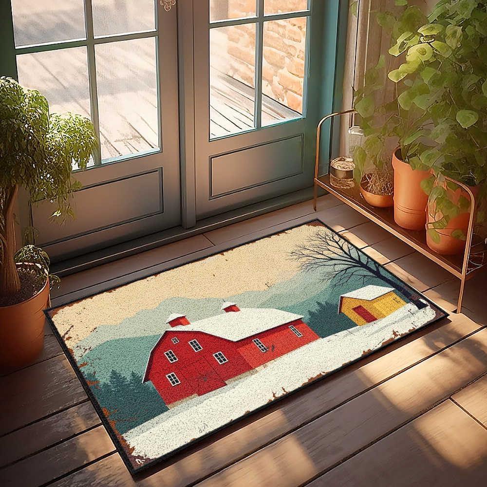 Boys Bedroom Decorations Shower Mat | Stickers, Abstract Area, Snowy Winter Scene with Red Barn and Yellow Shed - Indoor Door Non Slip/Runner Rug Non Slip Washable/Floral &(40X60CM)