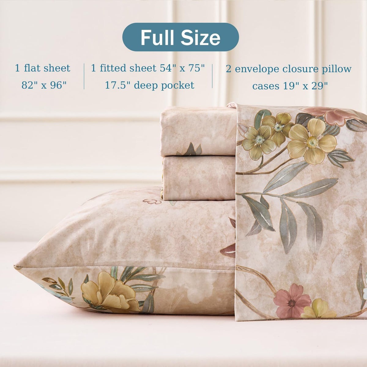 Floral Bed Sheets Full Size Sheet Set Light Brown 100% Cotton Satin Weave, Yellow Blue Flower Printed Chinoiserie Bed Set with Deep Pocket 17.5", Soft & Breathable, Luxury Shabby Vintage 4Pc