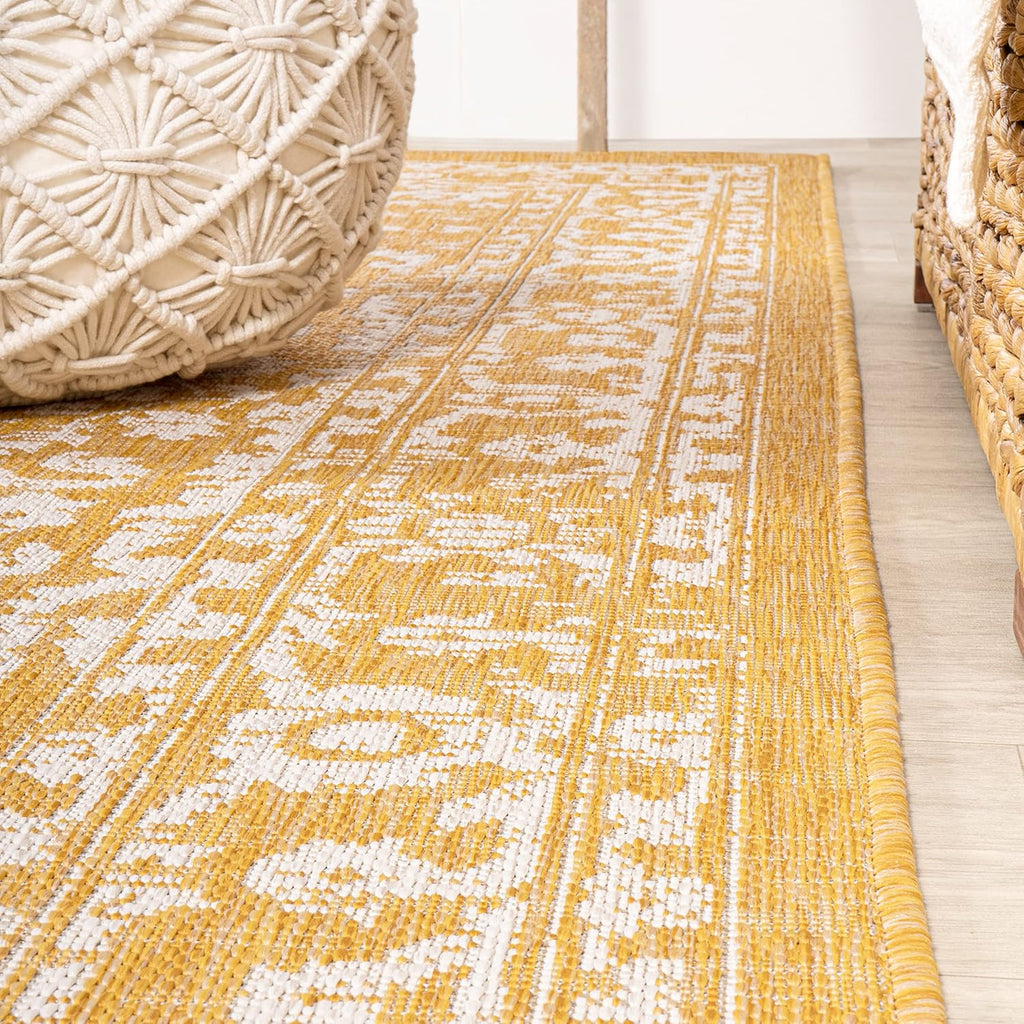 Boho Medallion Indoor Outdoor Area Rug 8X10 Yellow/Cream, Malta Textured Weave for Backyard, Patio, Porch, Easy-Cleaning, High Traffic, Pet-Friendly, Non-Shedding (SMB104G-8)