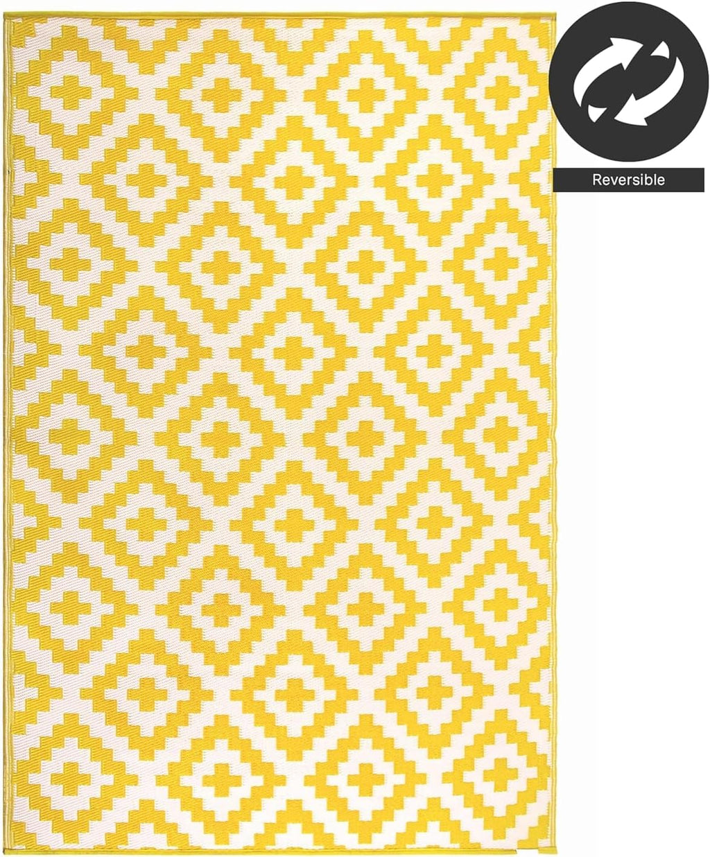 Outdoor Camping Rug - Waterproof, Fade Resistant, Reversible - Premium Recycled Plastic - Geometric - Picnic, Patio, Deck, Sunroom, RV - Aztec - Yellow & White - 4 x 6 ft Foldable
