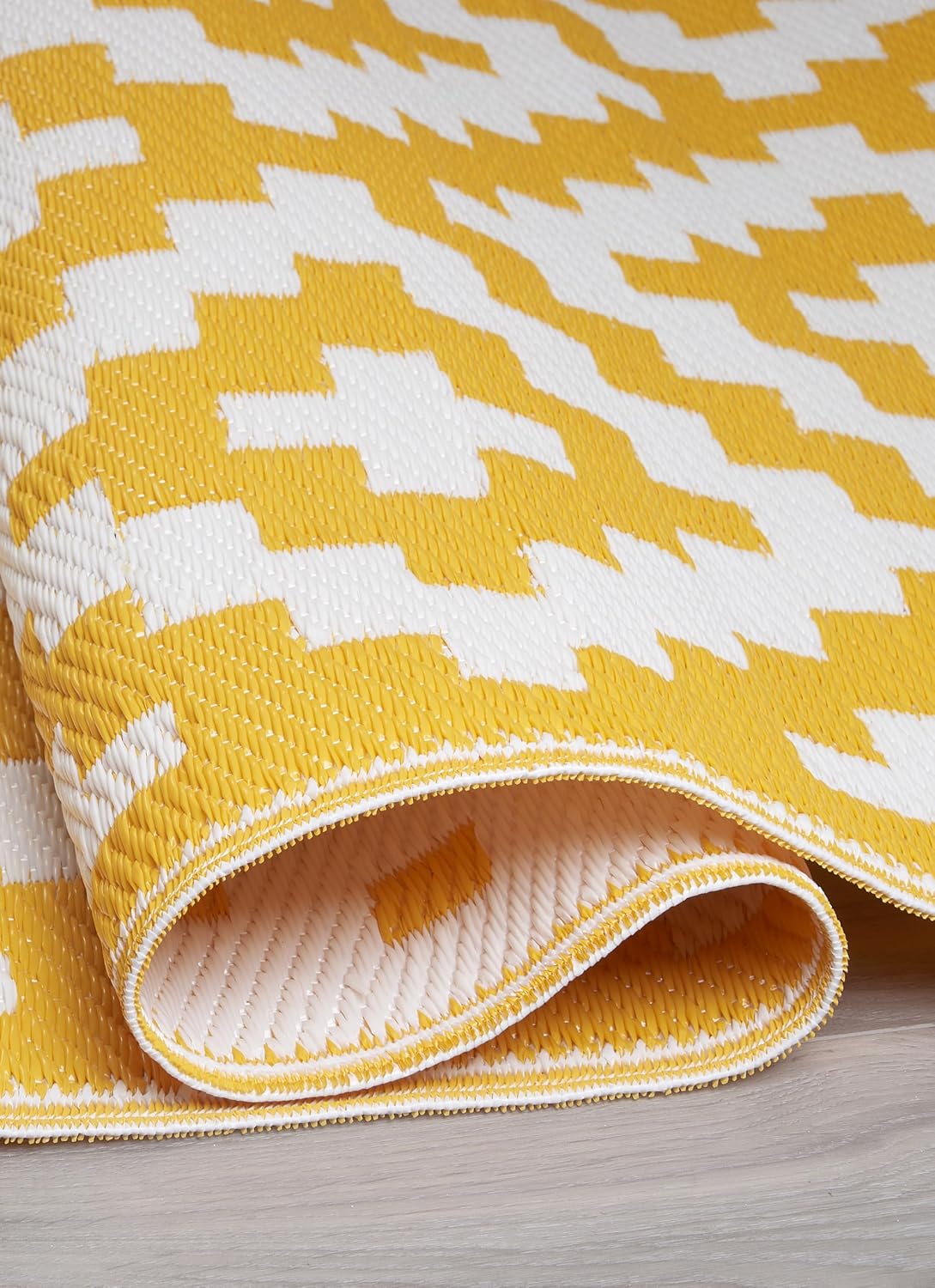 Outdoor Camping Rug - Waterproof, Fade Resistant, Reversible - Premium Recycled Plastic - Geometric - Picnic, Patio, Deck, Sunroom, RV - Aztec - Yellow & White - 4 x 6 ft Foldable