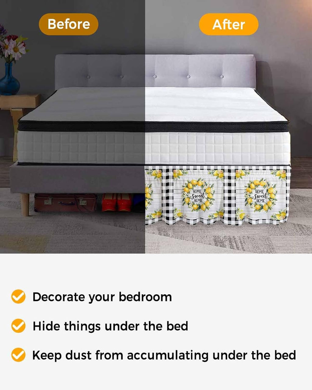 Yellow Lemon Bed Skirt Queen Size 16 Inch Drop, Adjustable Elastic Wrap Around Bed Skirts Easy Fitting Dust Ruffle Bedskirt Bed Frame Cover Farmhouse Black Buffalo Plaid Grey Wooden