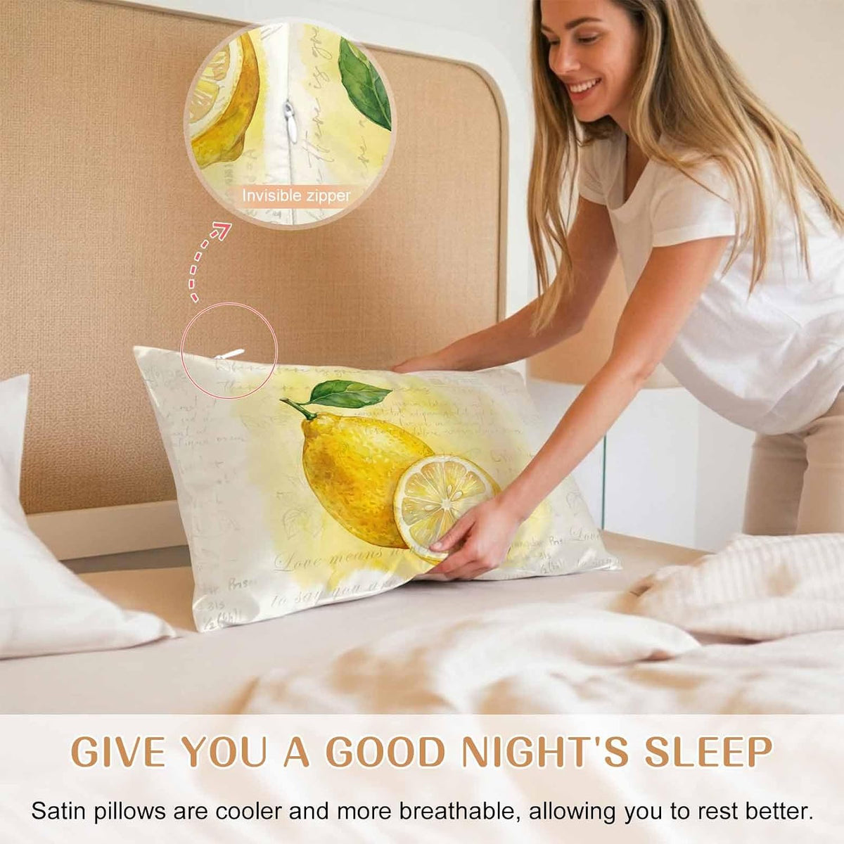 Vintage Fruit Queen Pillow Cases Set of 2, Summer Yellow Lemon Beige Satin Pillow Case Cover with Smooth Hidden Zipper Closure, Soft Throw Pillow Covers Cases for Home Decor 20X30 Inch