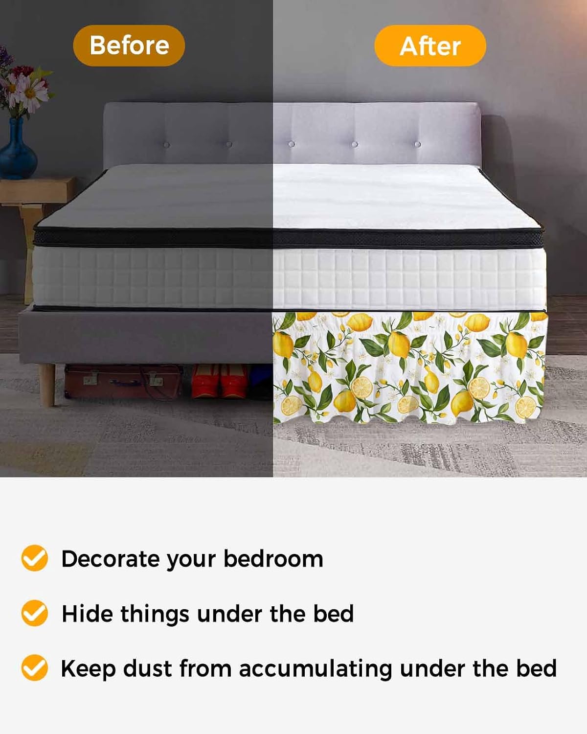 Yellow Lemon Bed Skirt Queen Size 16 Inch Drop, Adjustable Elastic Wrap Around Bed Skirts Easy Fitting Dust Ruffle Bedskirt Bed Frame Cover White Flowers Elegant Country Plants