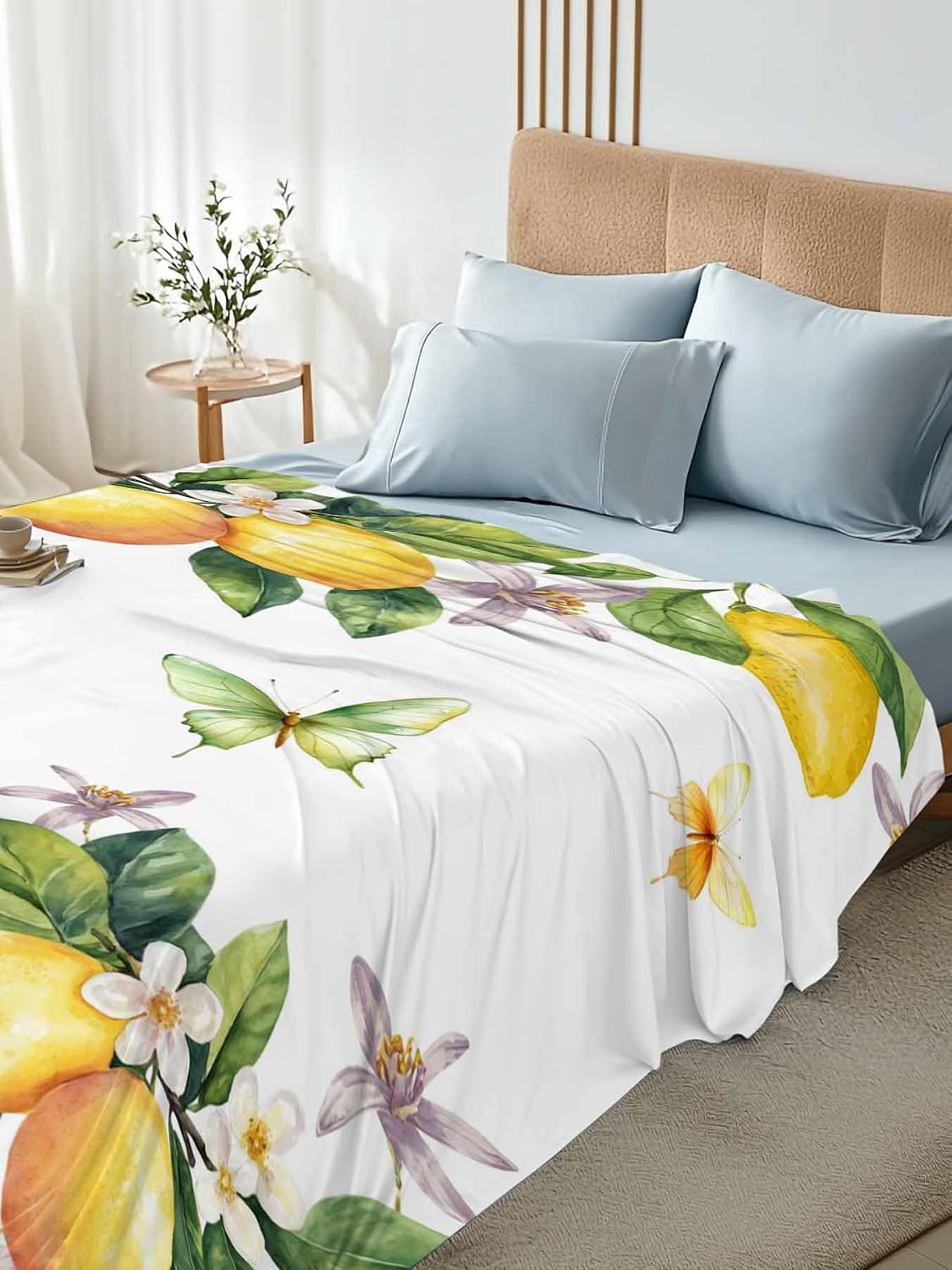 Queen Size Top Sheet Only, Vintage Farm Lemon Flowers Flat Sheet Microfiber Breathable Soft Bed Sheets, Yellow Fruit Butterfly Floral Hotel Bedding Flat Sheets for Bedroom