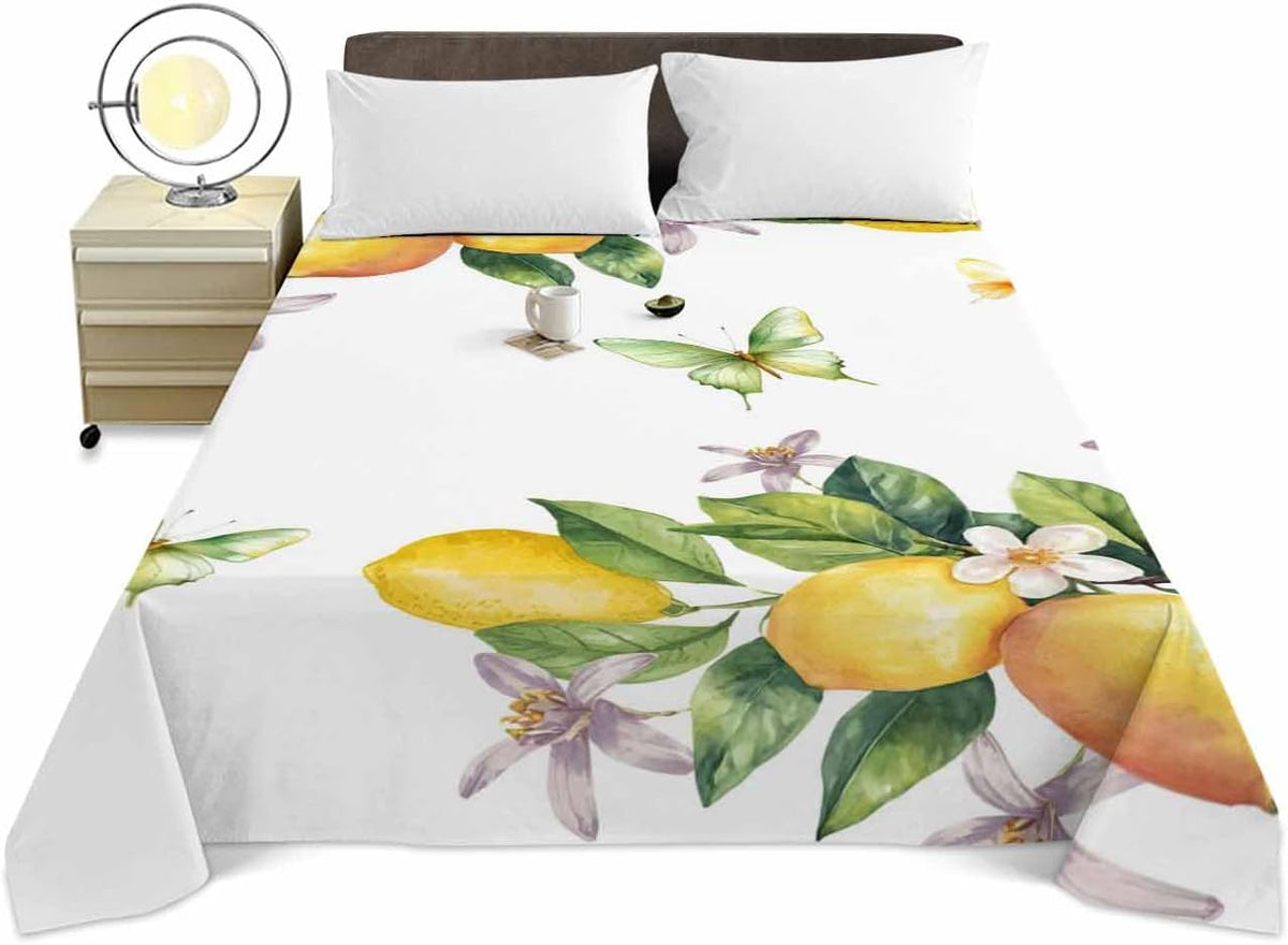 Queen Size Top Sheet Only, Vintage Farm Lemon Flowers Flat Sheet Microfiber Breathable Soft Bed Sheets, Yellow Fruit Butterfly Floral Hotel Bedding Flat Sheets for Bedroom