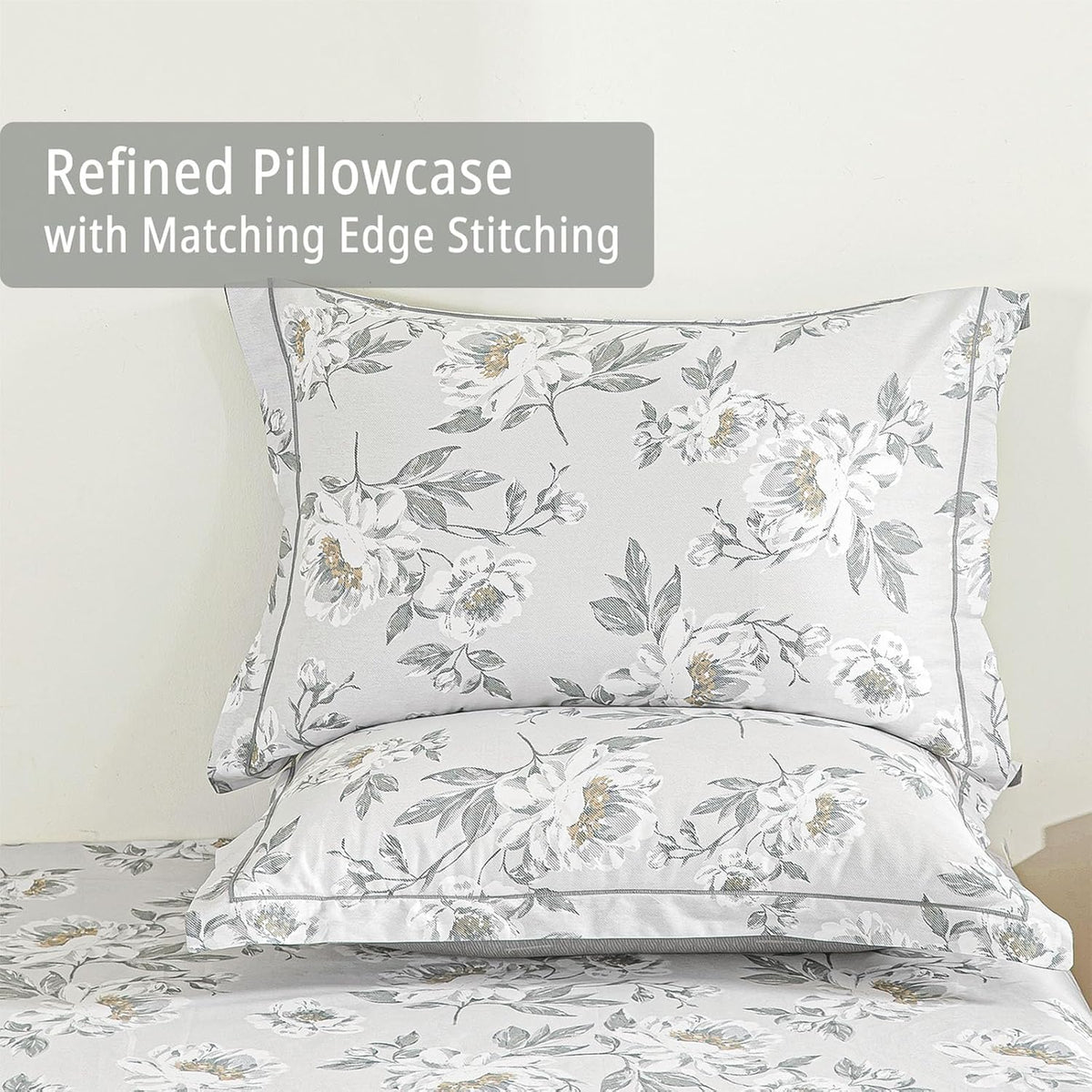 LEMIROE Floral Cotton Comforter Queen Size - Light Grey Comforter Printed with Vintage Ivory Flowers & Dark Yellow Stamens,Reversible Lightweight Bedding Sets 3Pcs(90"×90")