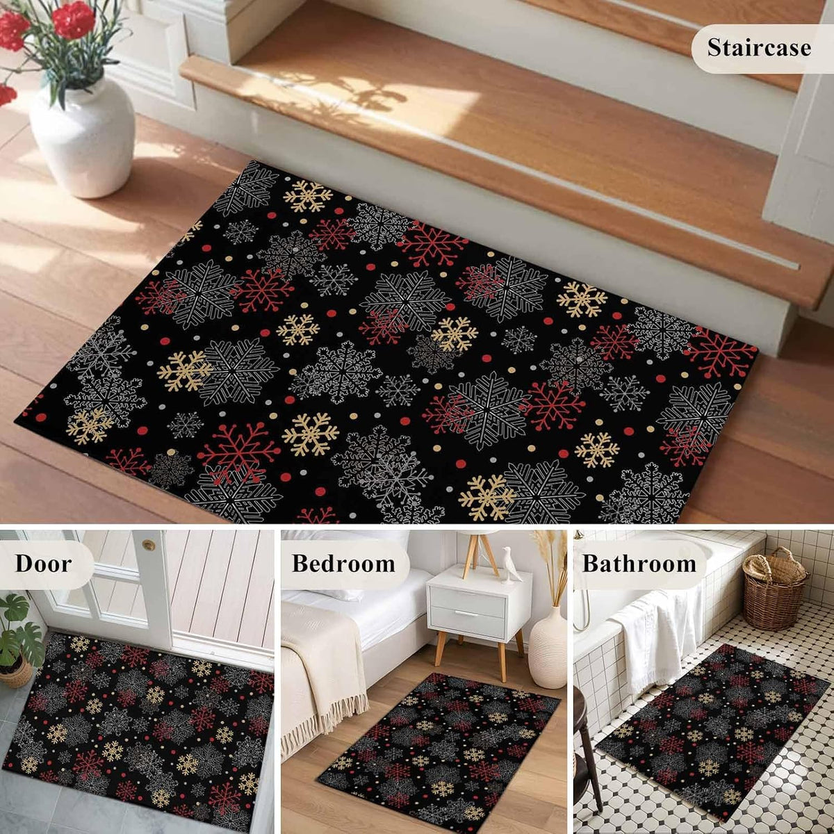 Merry Christmas 2x3 Area Rugs for Living Room, Vintage Watercolors Winter Red Yellow Black Snowflakes Black Non Slip Floor Mat Washable Low-Profile Indoor Carpet for Bedroom, Dining Room, Bathroom