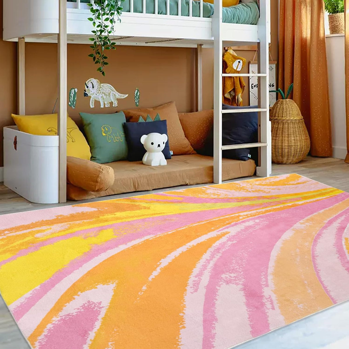 Colorful Striped Area Rug, Soft Fluffy Shaggy Decor Rug Non-Slip Washable Carpet for Bedroom, Living Room, Entryway, Pink and Yellow, 47'x71'